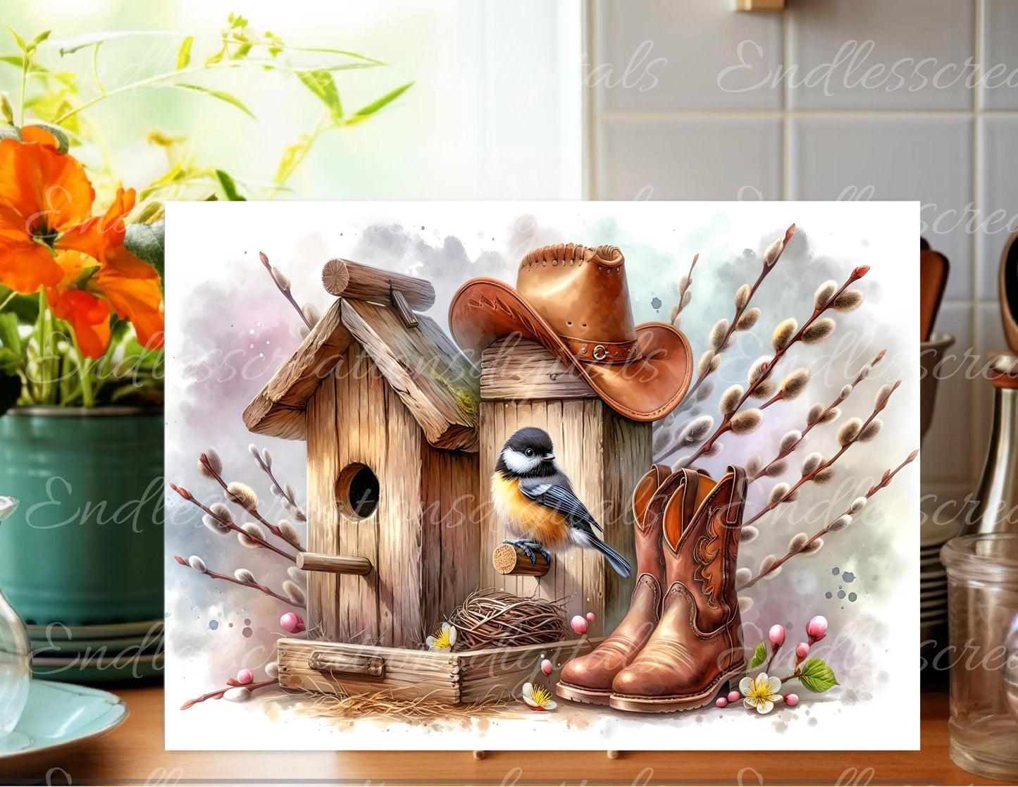 COWBOY BIRDHOUSE SPRING, digital download only, can be sized for slates, cutting boards, tumblers 1 file for download