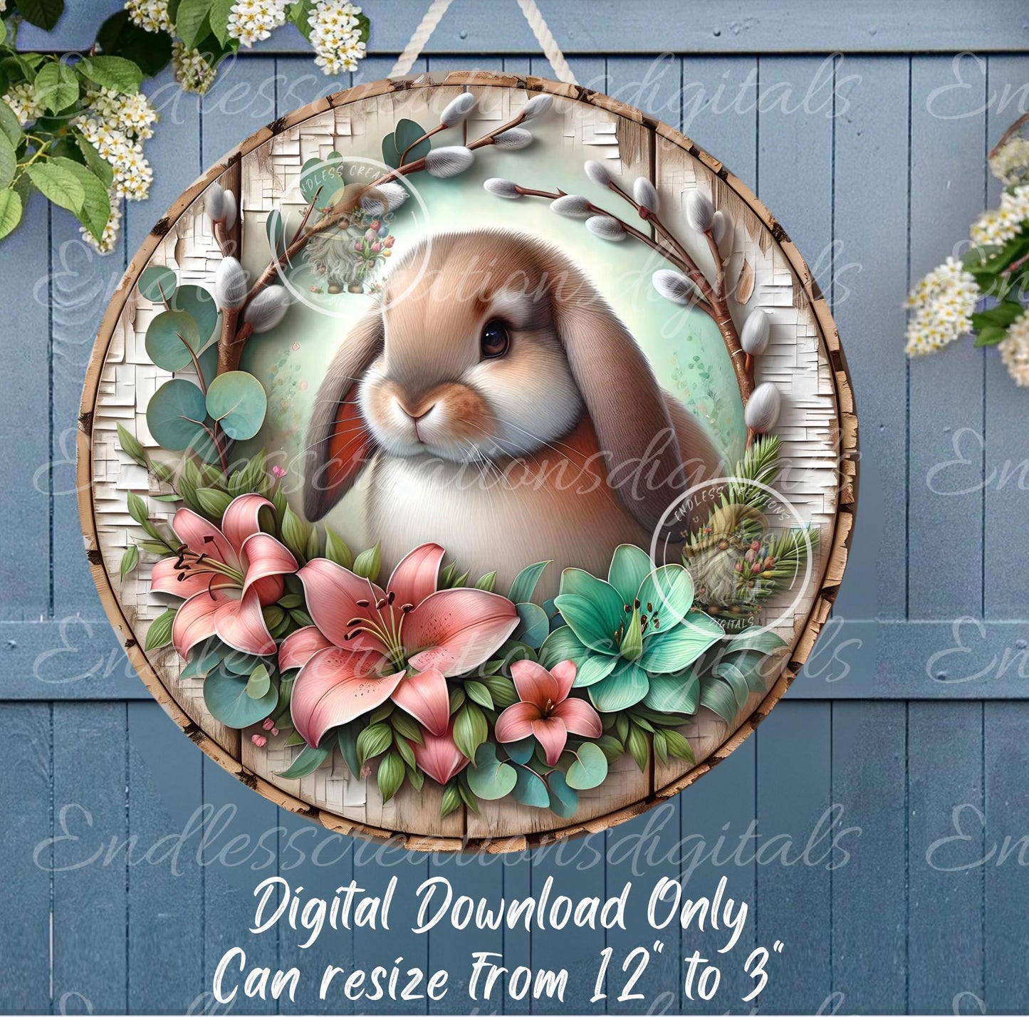 SPRING EASTER RABBIT and Lilies Floral Wreath Sign, door hanger, slate, wind spinner for sublimation high resolution 1 file for download