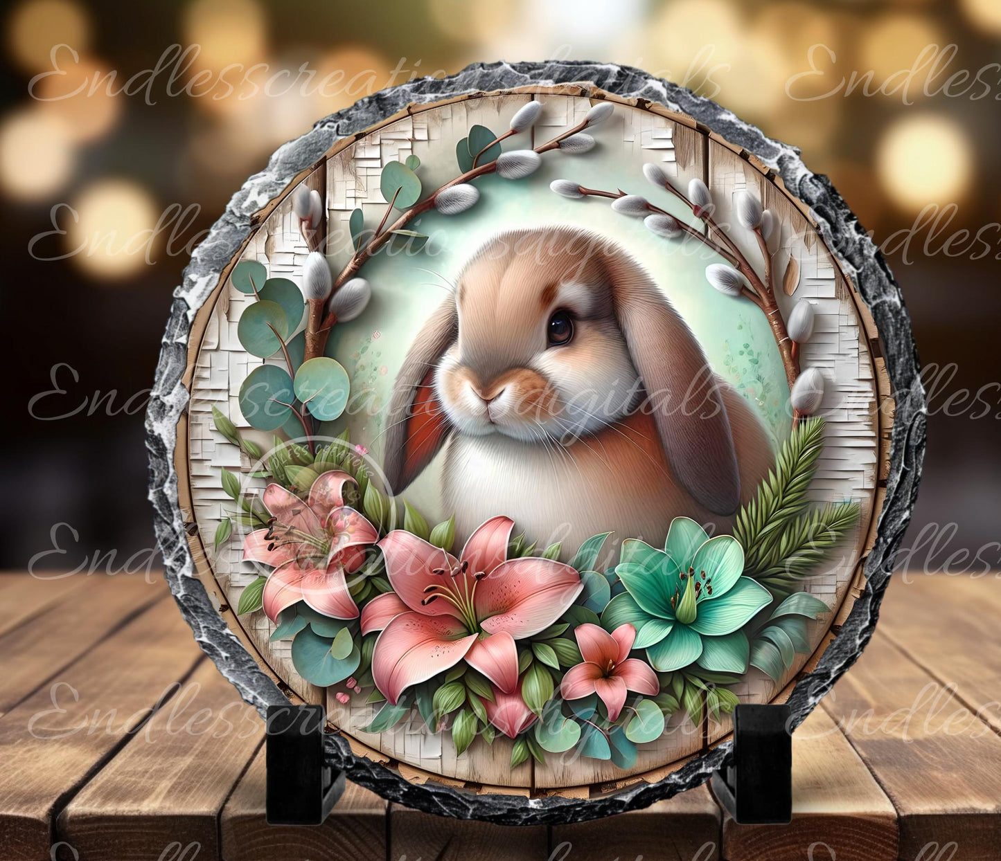 SPRING EASTER RABBIT and Lilies Floral Wreath Sign, door hanger, slate, wind spinner for sublimation high resolution 1 file for download