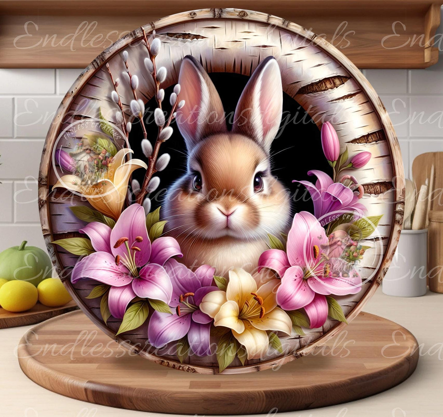 SPRING EASTER RABBIT and Lilies Floral Wreath Sign, door hanger, slate, wind spinner for sublimation high resolution 1 file for download