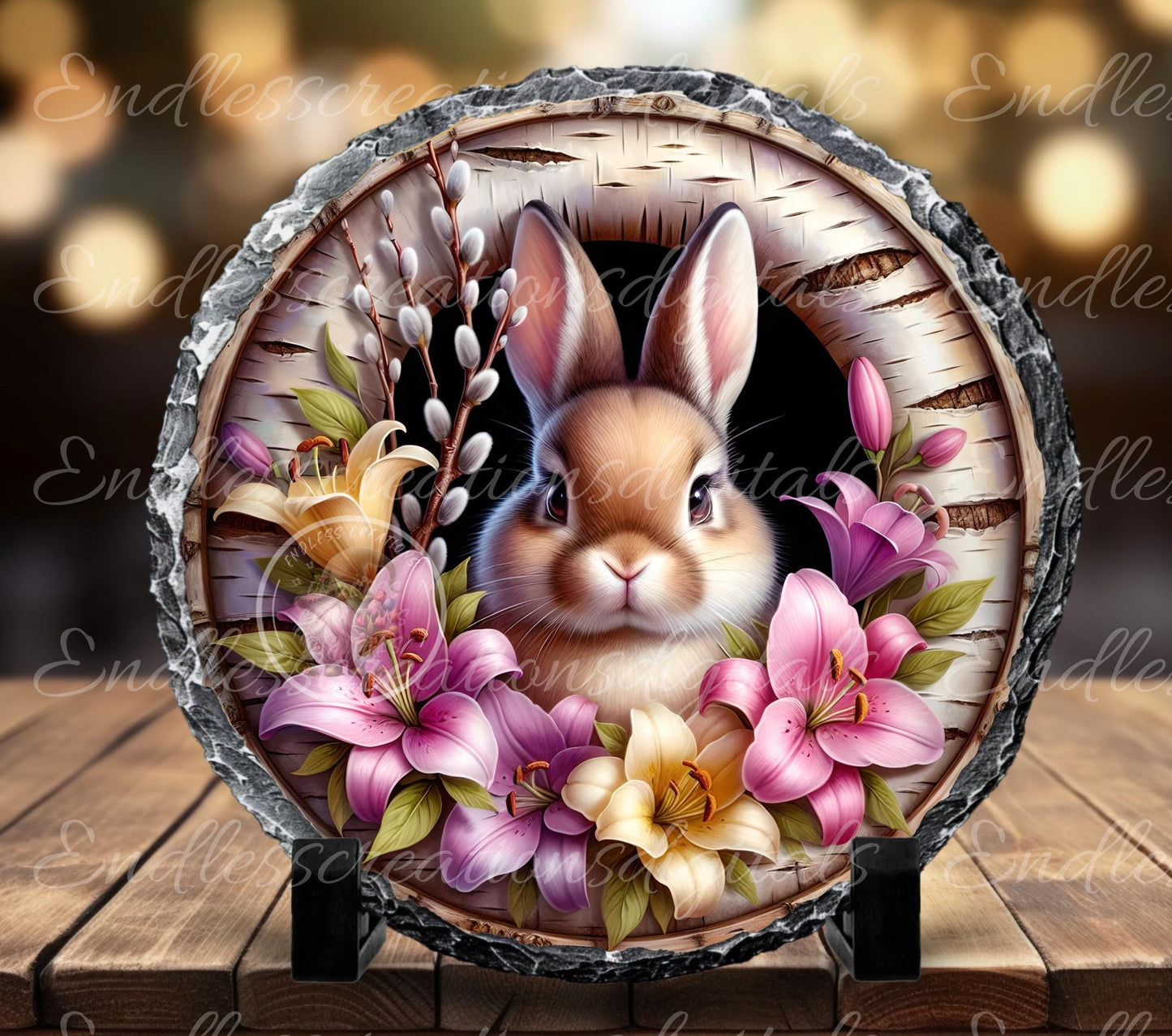 SPRING EASTER RABBIT and Lilies Floral Wreath Sign, door hanger, slate, wind spinner for sublimation high resolution 1 file for download