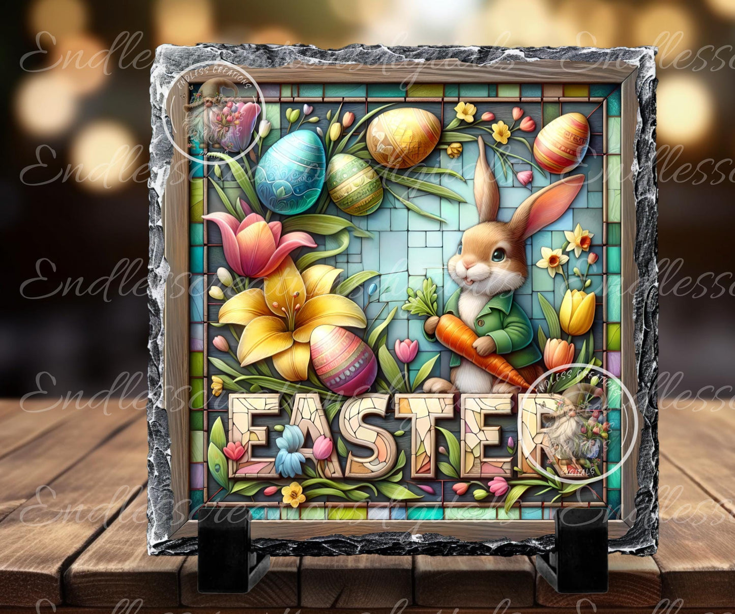 STAINED GLASS LOOK Easter Bunny Square Wreath Sign, door hanger, slate, cutting board for sublimation high resolution 1 file for download