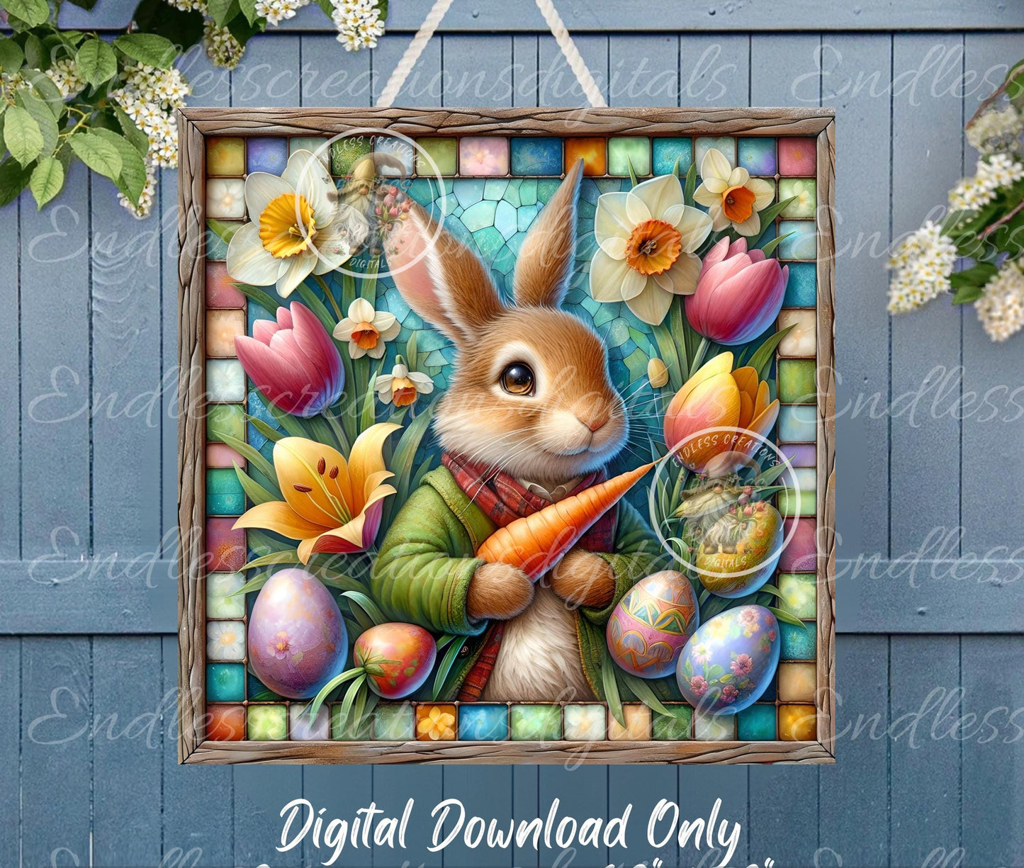 SQUARE EASTER RABBIT Stained Glass Look