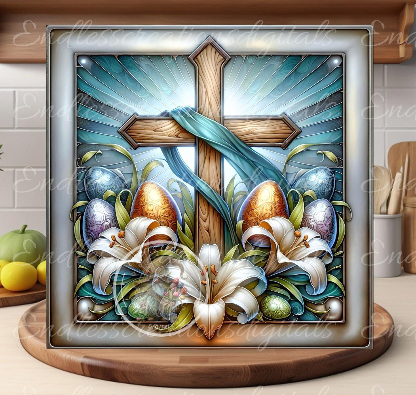 SQUARE EASTER FLORAL Cross Stained Glass Look