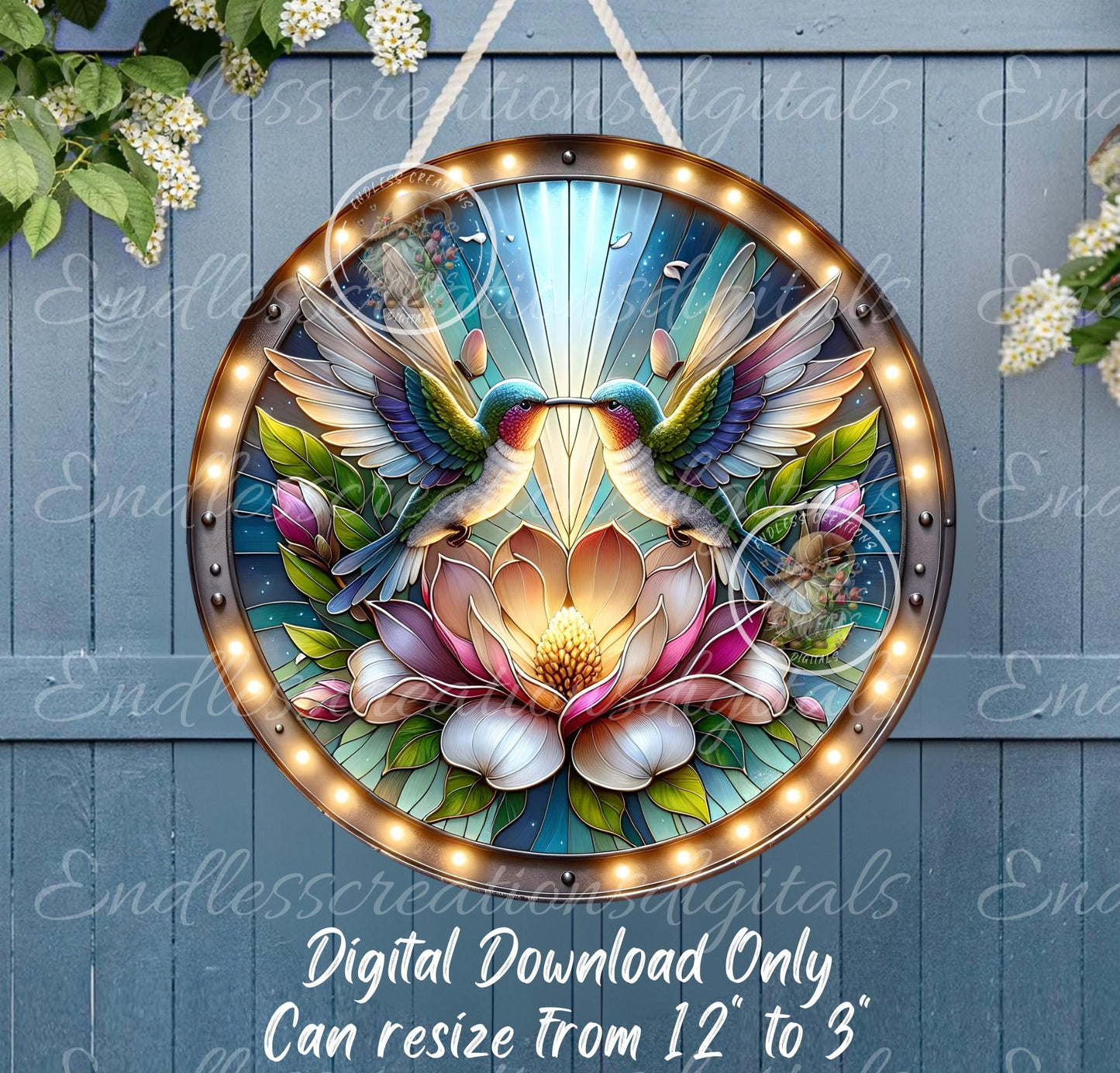 MAGNOLIA FLORAL HUMMINGBIRDS STAINED GLASS