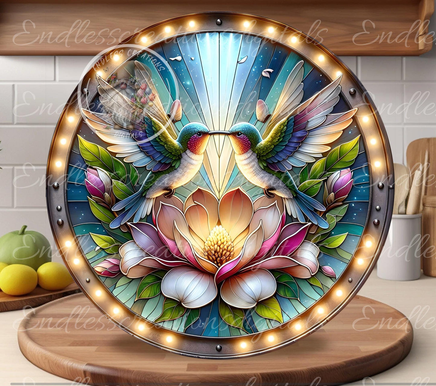 MAGNOLIA FLORAL HUMMINGBIRDS STAINED GLASS