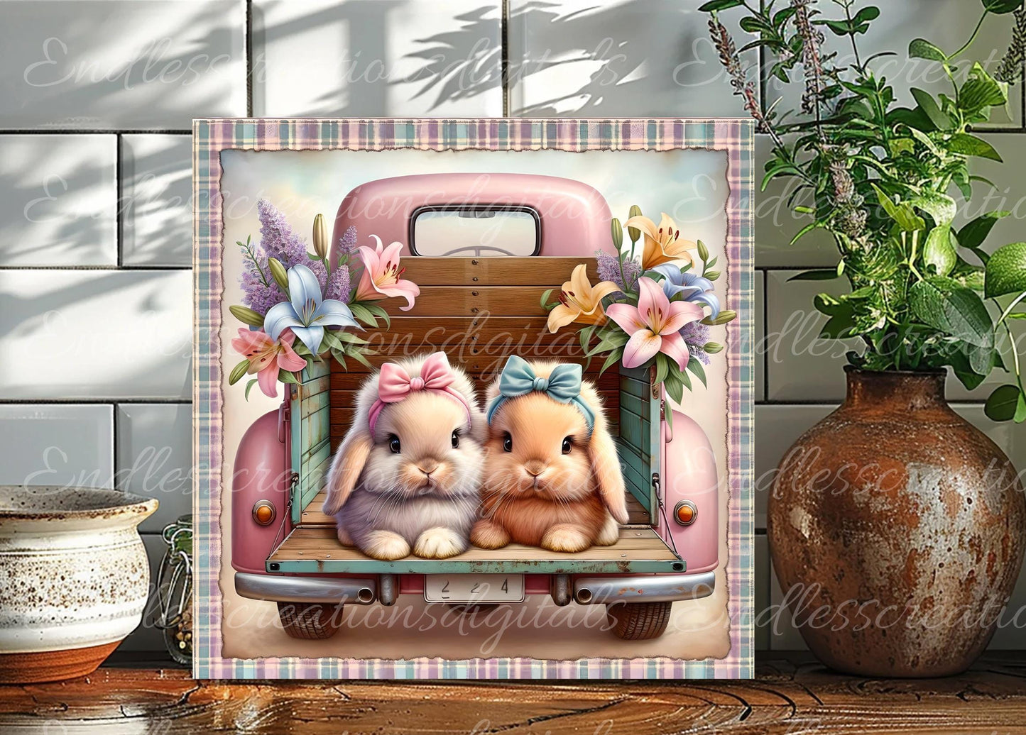 SQUARE PINK SPRING Truck With Baby Bunnies
