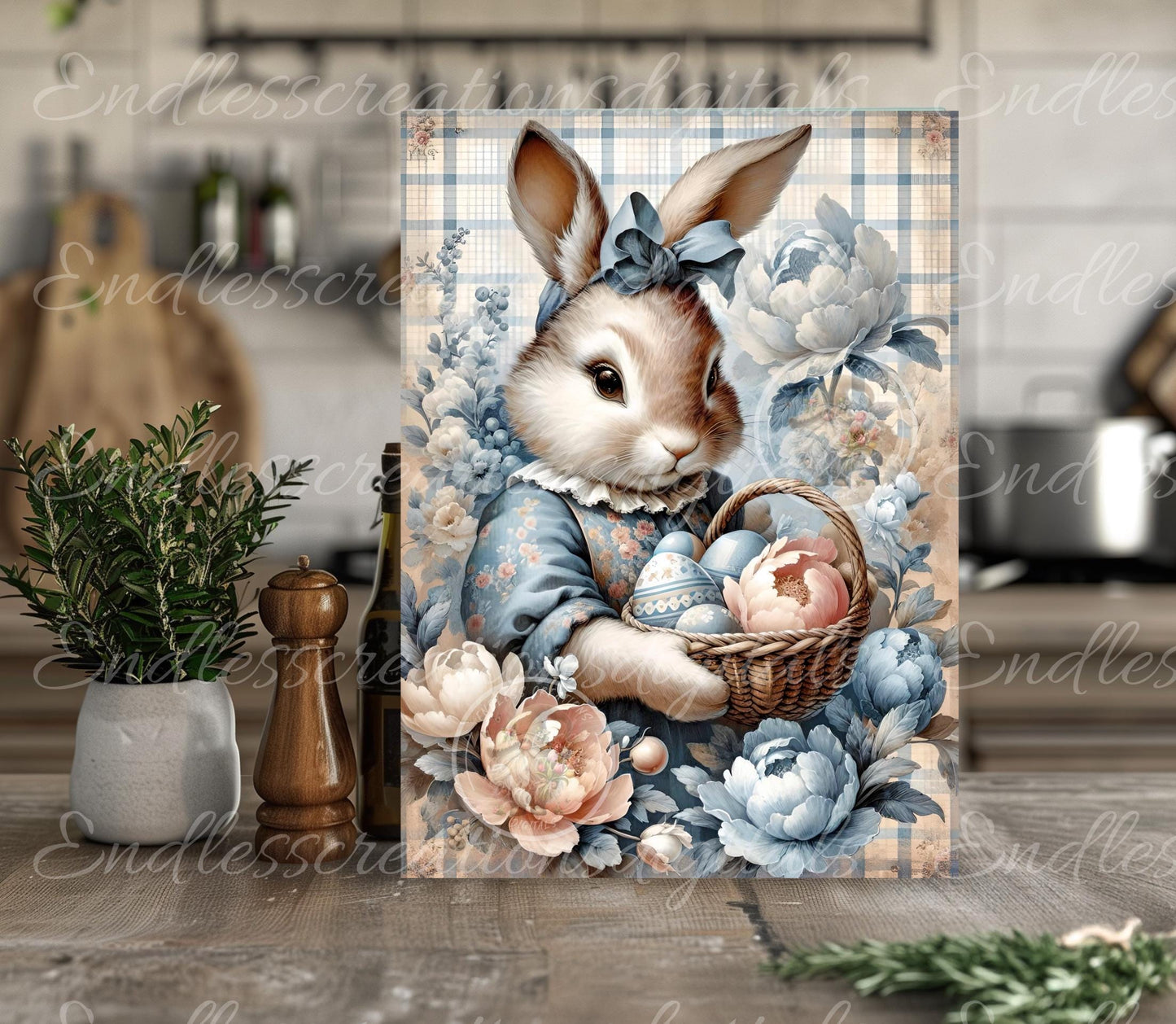 BLUE GINGHAM VINTAGE EASTER Rabbit Portrait