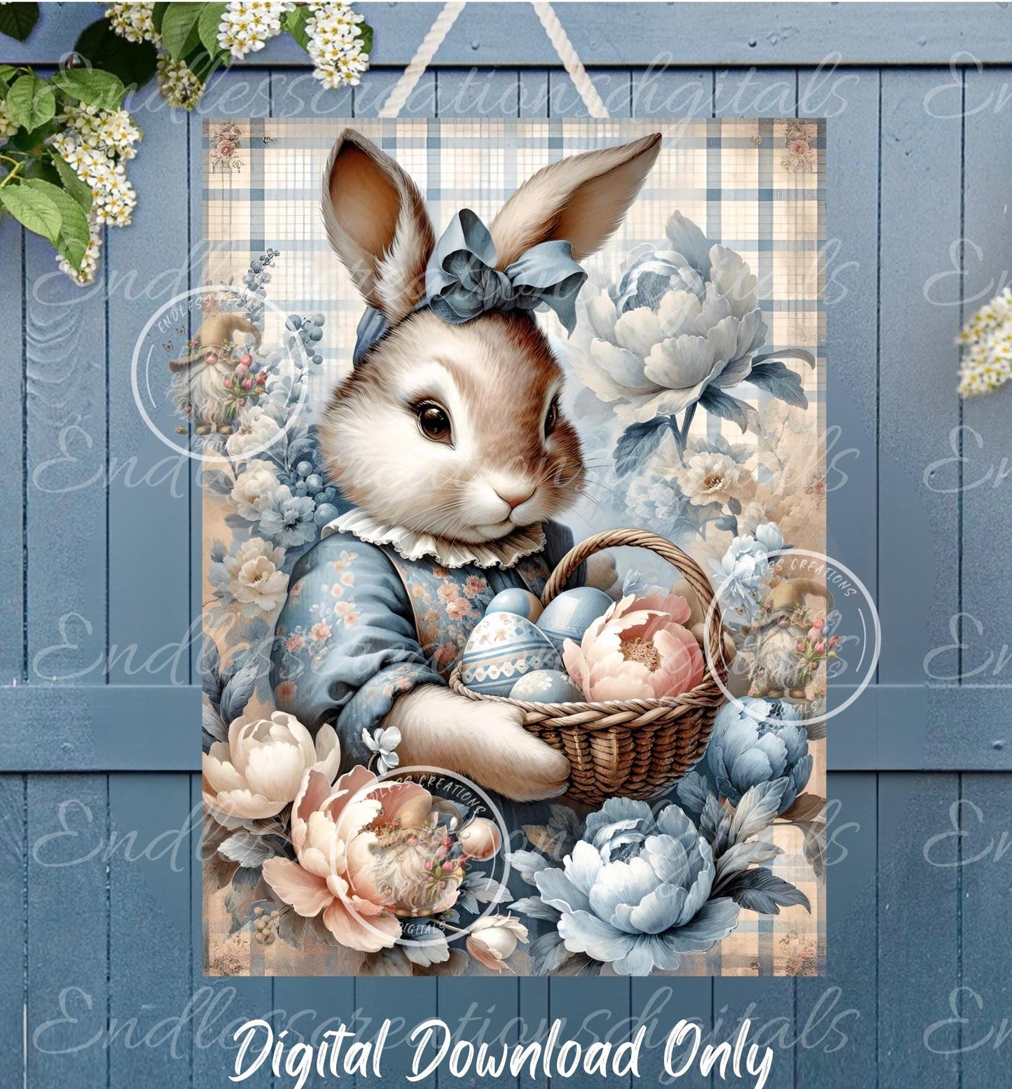 BLUE GINGHAM VINTAGE EASTER Rabbit Portrait