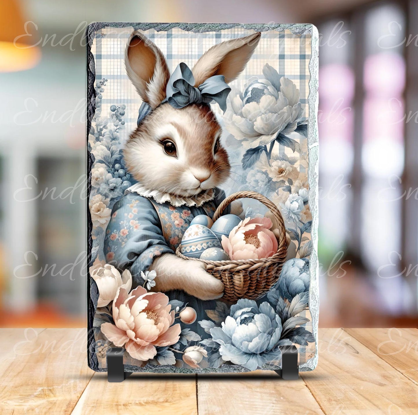 BLUE GINGHAM VINTAGE EASTER Rabbit Portrait