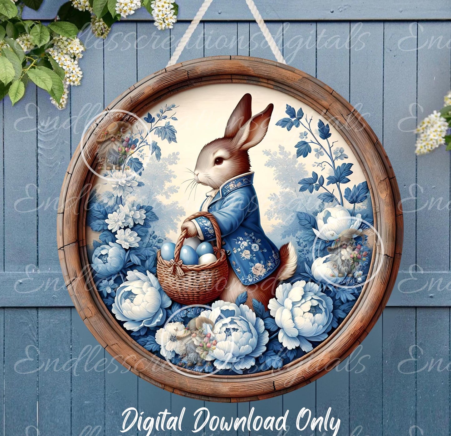 BLUE PEONY VINTAGE EASTER Rabbit Round