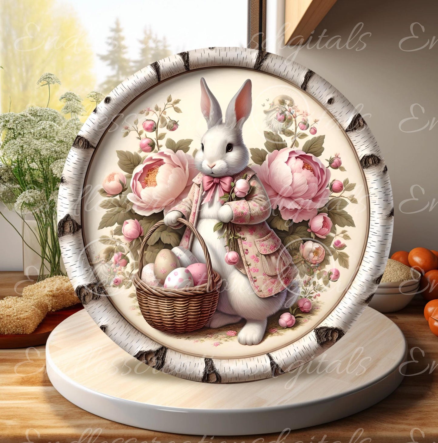 PINK PEONY VINTAGE EASTER Rabbit Round