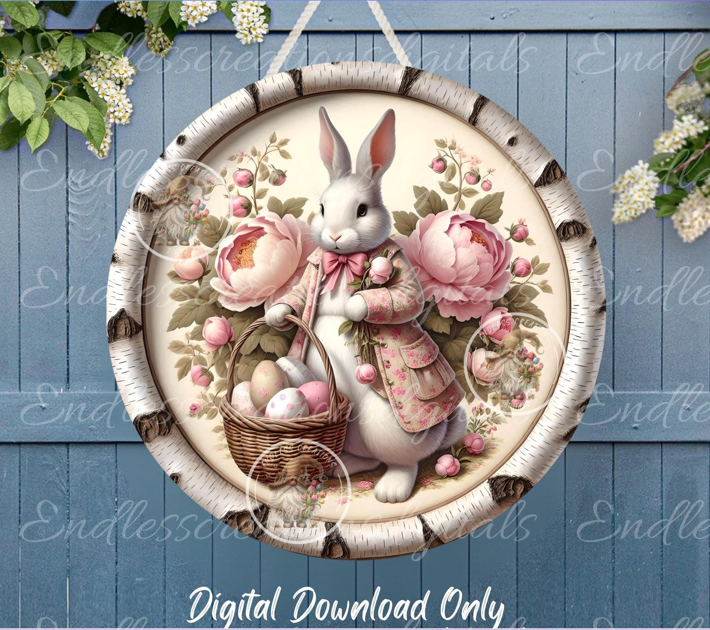 PINK PEONY VINTAGE EASTER Rabbit Round