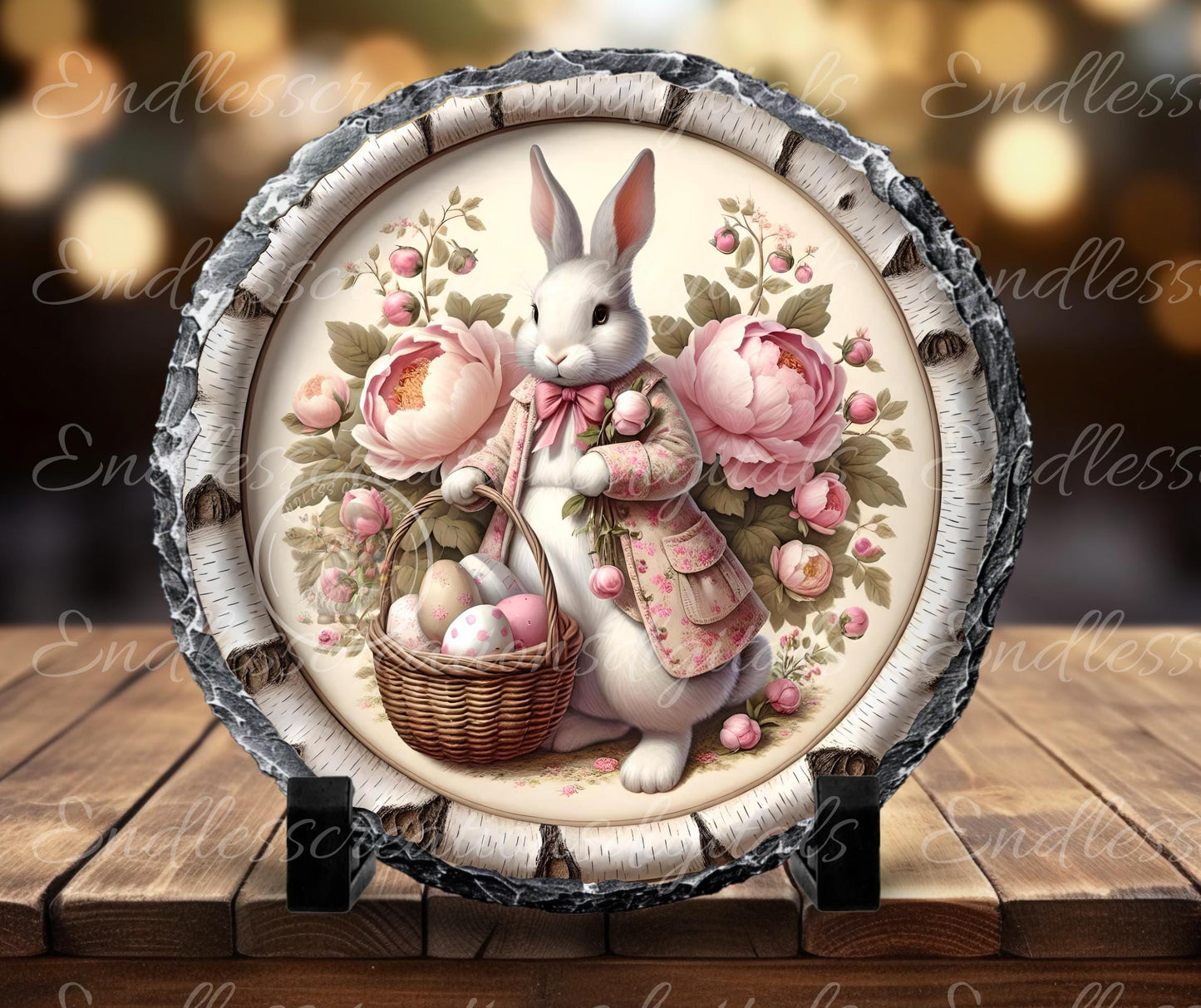 PINK PEONY VINTAGE EASTER Rabbit Round