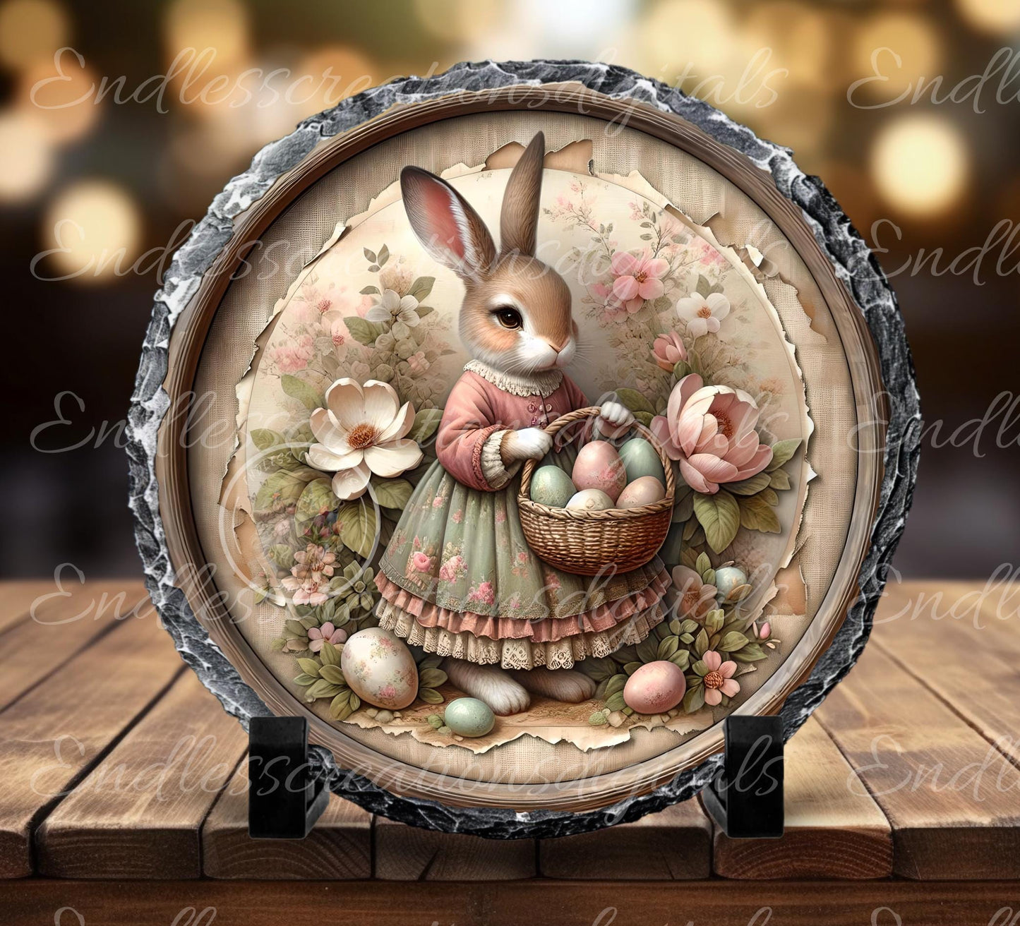 PINK MOSS GREEN Vintage Girl Bunny Round