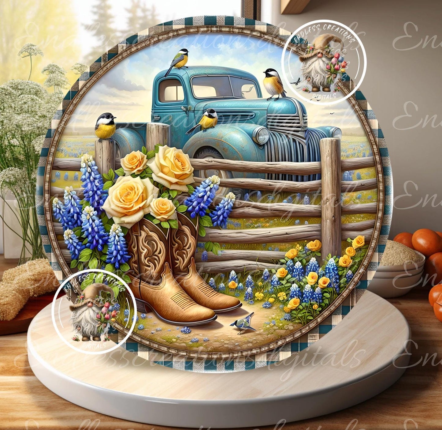 SUMMER BLUE TRUCK Floral Round