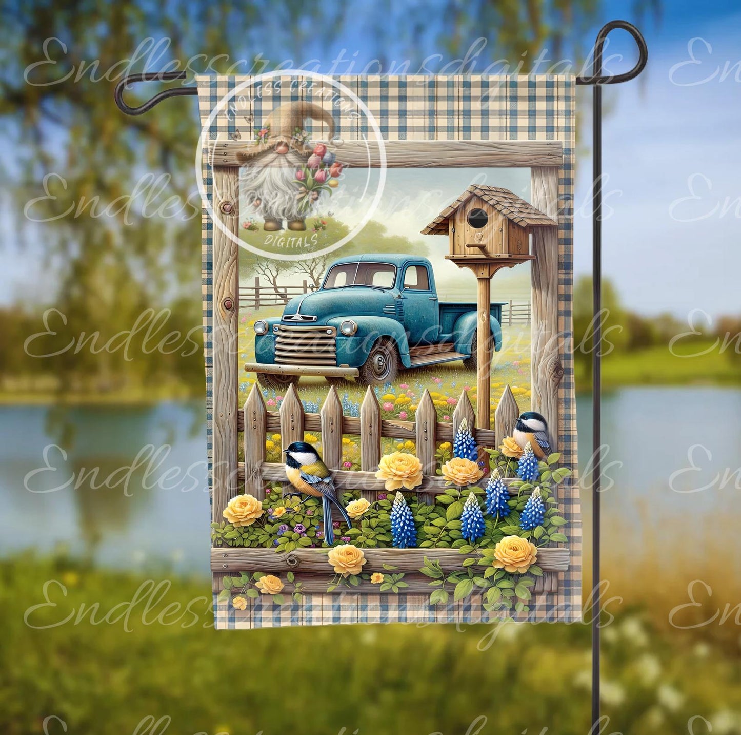 BLUE TRUCK FLORAL GARDEN FLAG