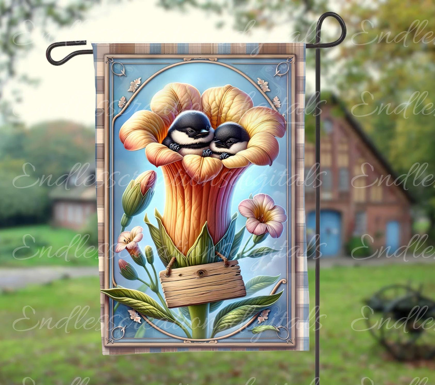 BABY CHICKADEES FLORAL GARDEN FLAG
