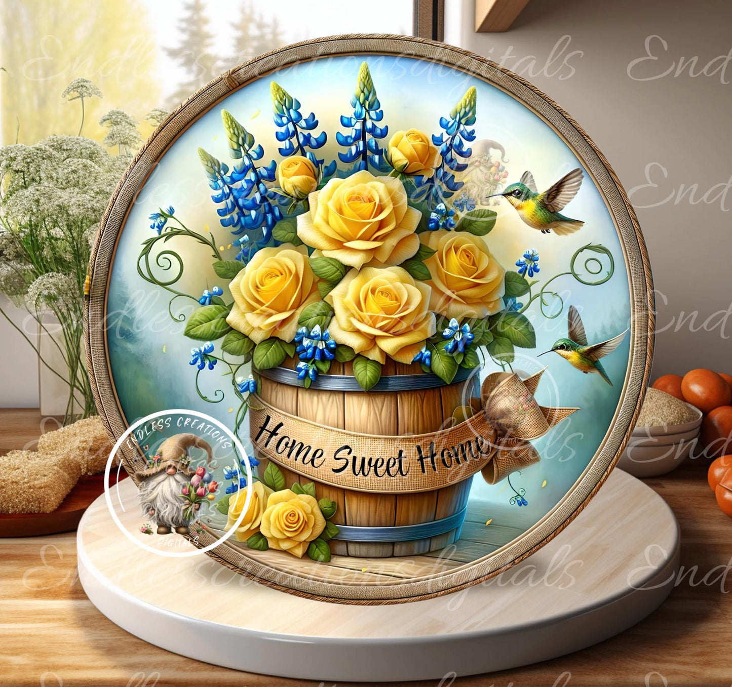 HOME SWEET HOME Barrel of Yellow Roses and Bluebonnets