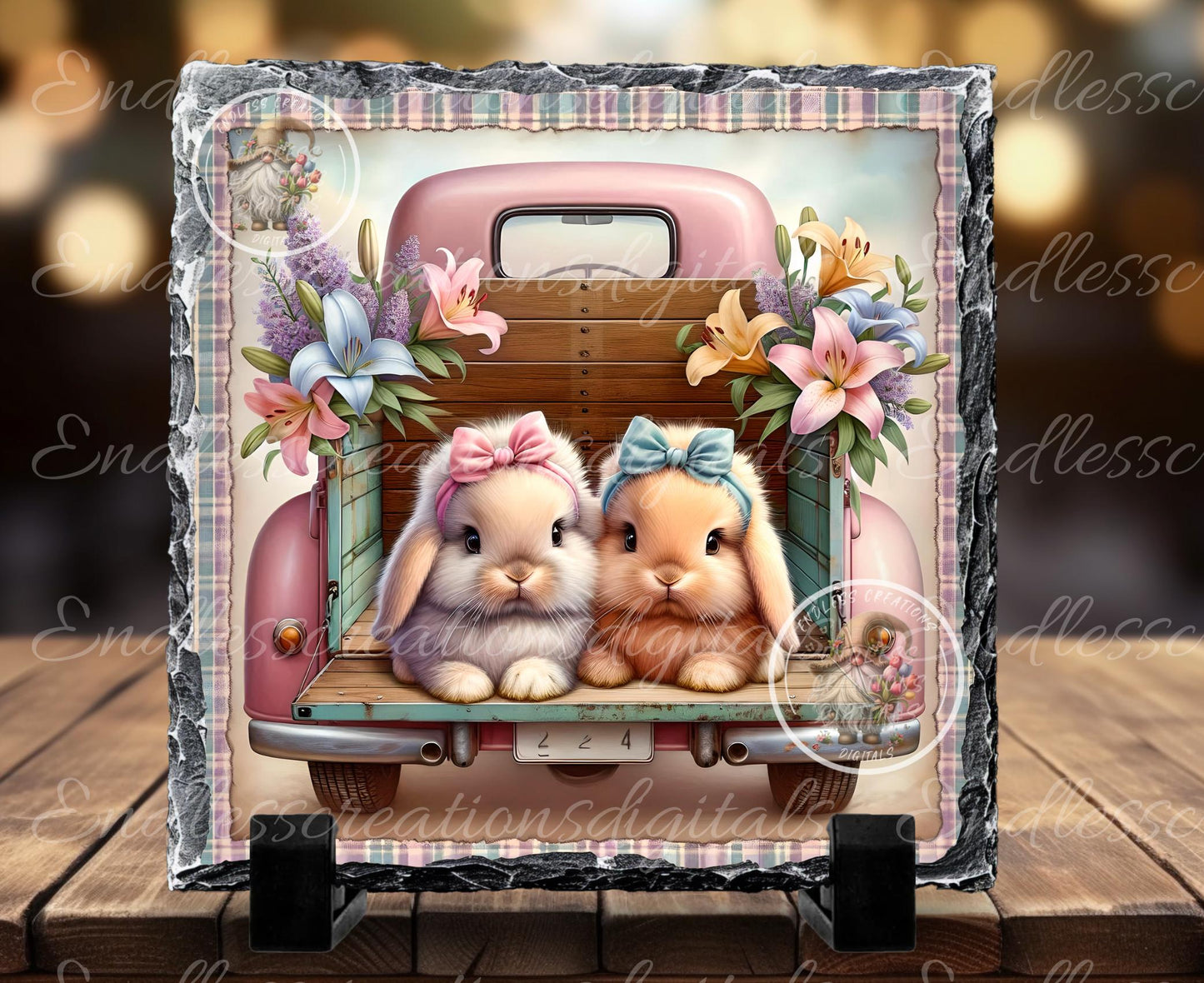 SQUARE PINK SPRING Truck With Baby Bunnies