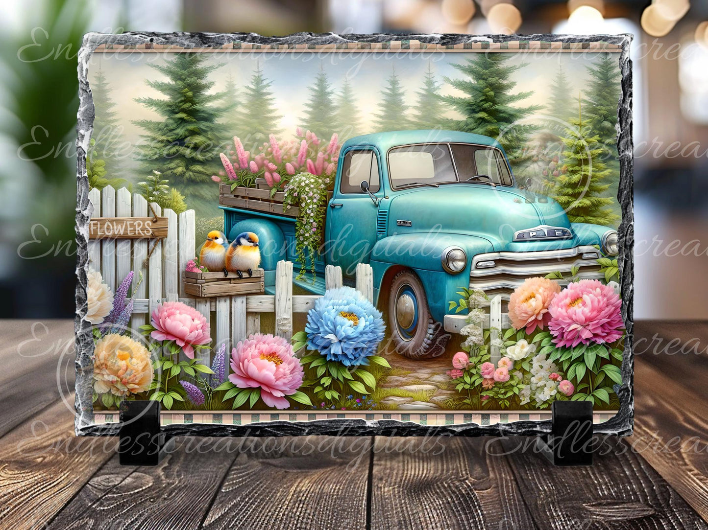 RECTANGLE BLUE TRUCK Floral Cutting Board