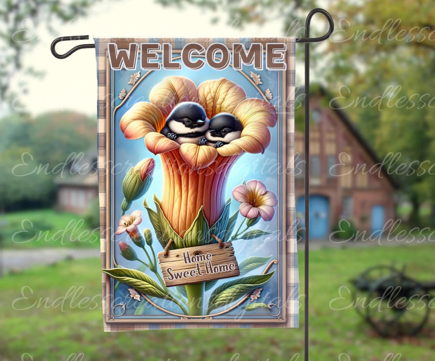 BABY CHICKADEES FLORAL GARDEN FLAG