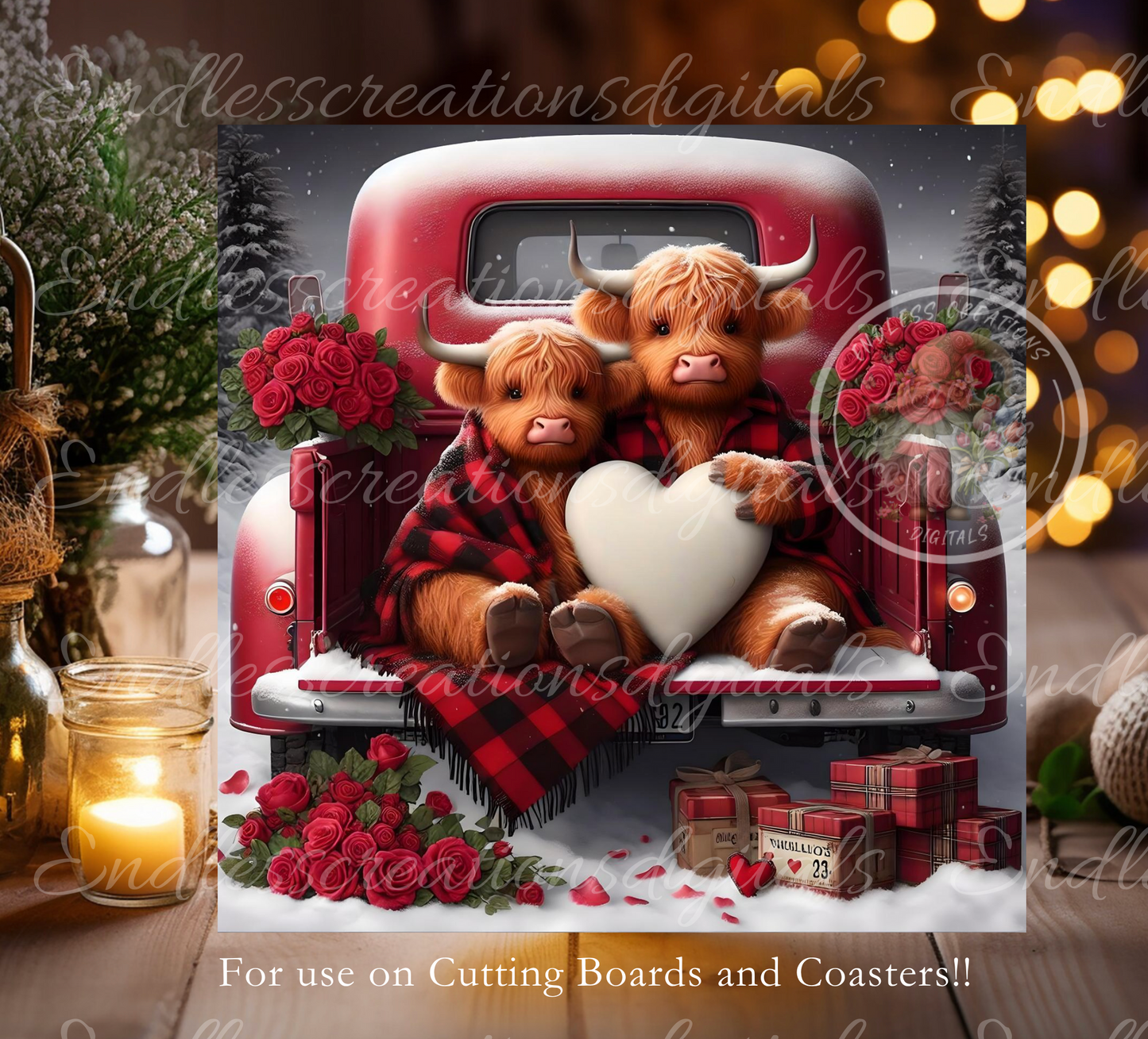 Valentines Highland Cow Red Truck