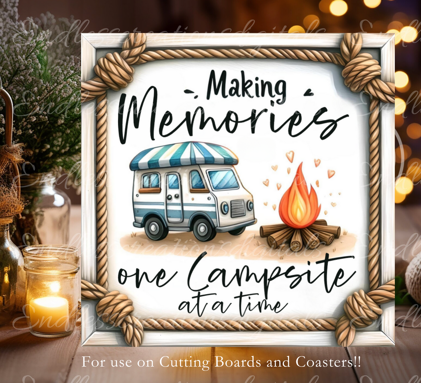 CAMPING SUBLIMATION SQUARE , door hanger, wreath sign, cutting board for sublimation, high resolution  300 dpi 2 files for download, 1 blank to add your own text!