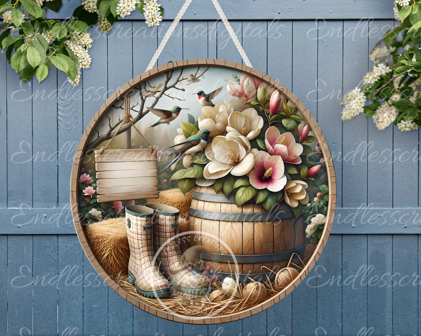 MAGNOLIA Spring Floral Wreath Sign, door hanger, slate, wind spinners  for sublimation high resolution, 2 files for download, 1 blank