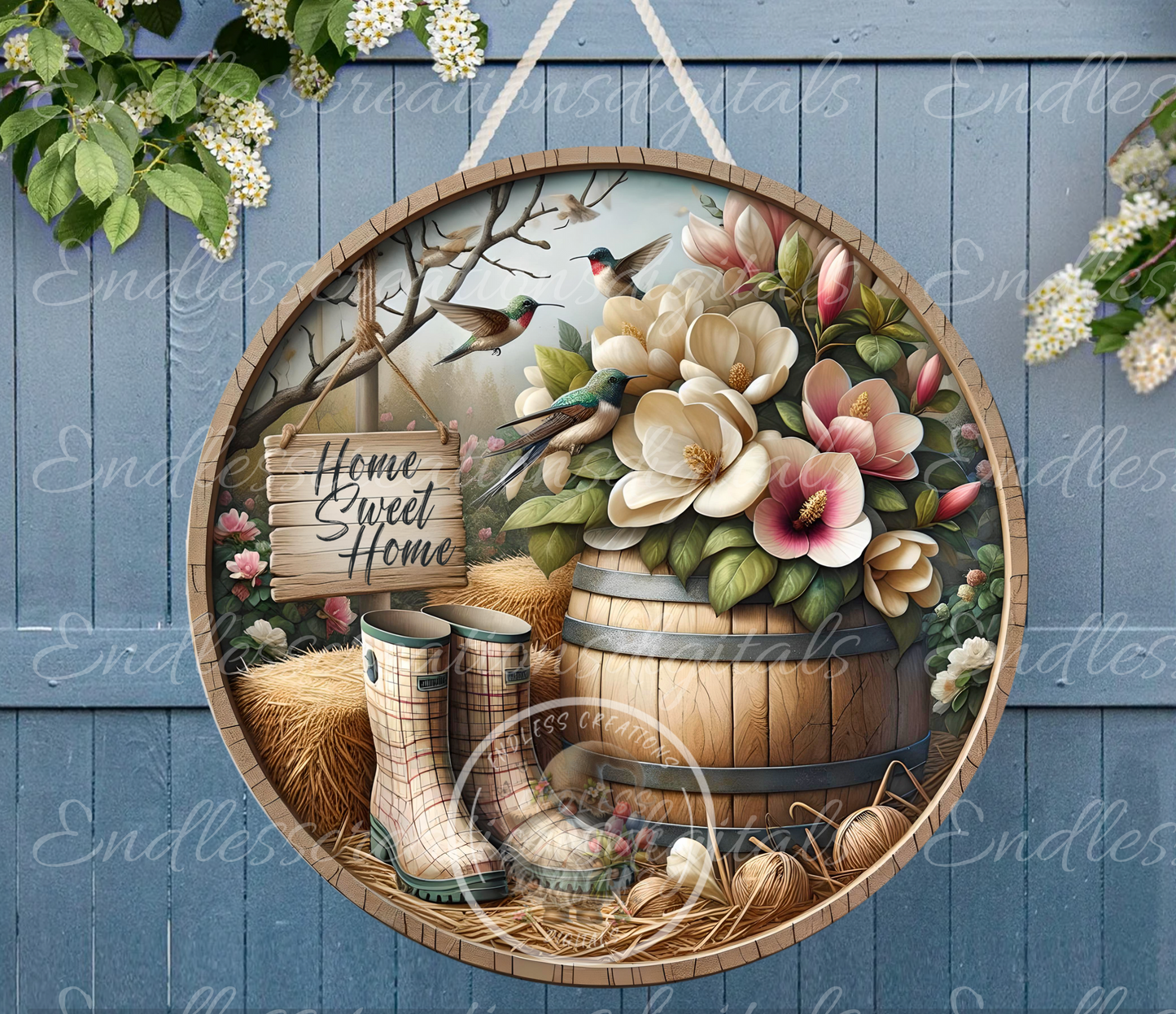 MAGNOLIA Spring Floral Wreath Sign, door hanger, slate, wind spinners  for sublimation high resolution, 2 files for download, 1 blank