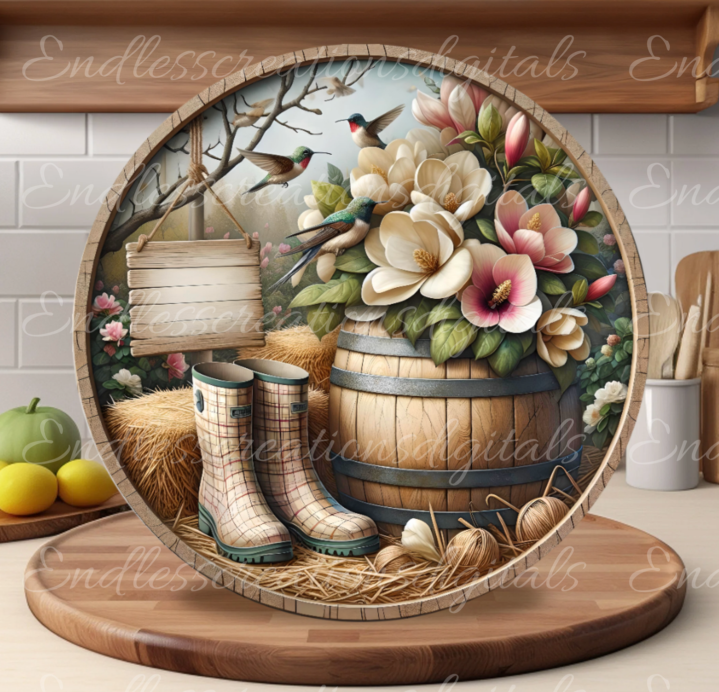 MAGNOLIA Spring Floral Wreath Sign, door hanger, slate, wind spinners  for sublimation high resolution, 2 files for download, 1 blank