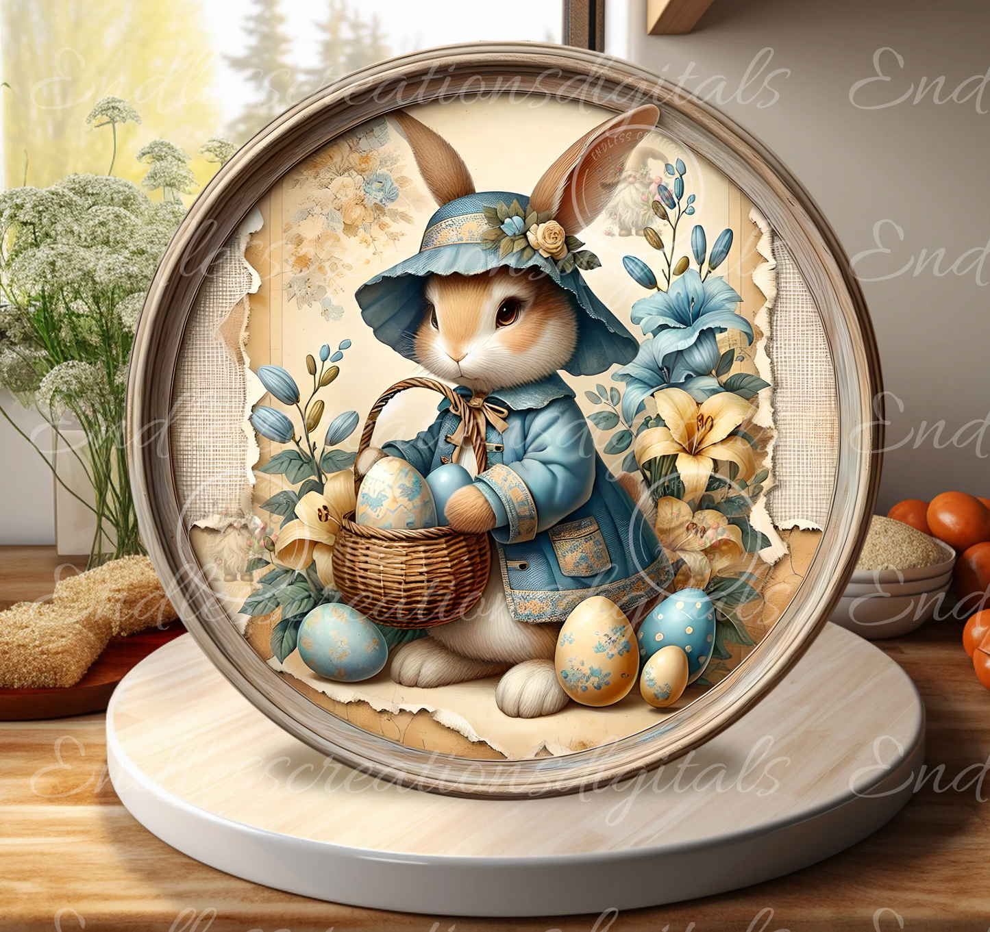 10" ROUND ALUMINUM WREATH SIGN YELLOW BLUE BUNNY