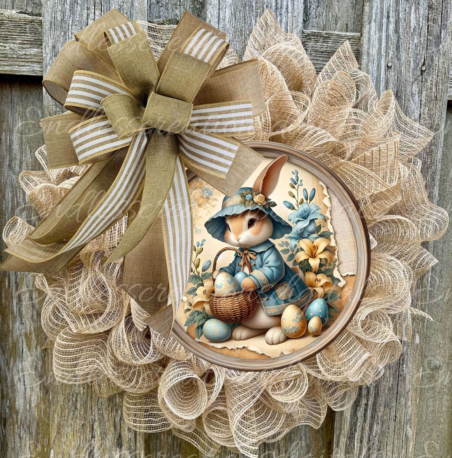 10" ROUND ALUMINUM WREATH SIGN YELLOW BLUE BUNNY