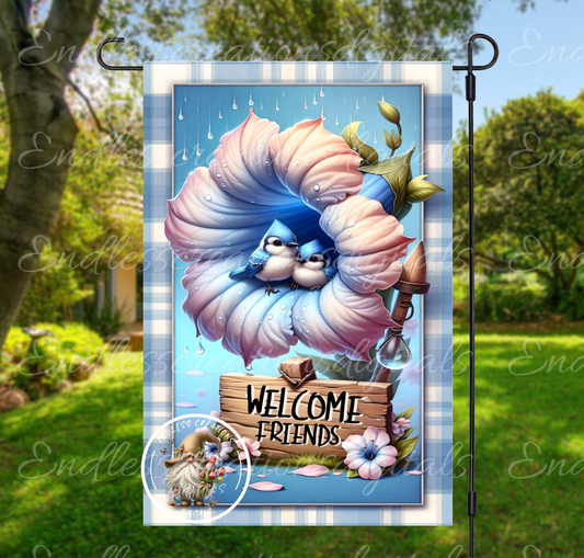 WELCOME FRIENDS FLORAL Baby Blue Jays Garden Flag