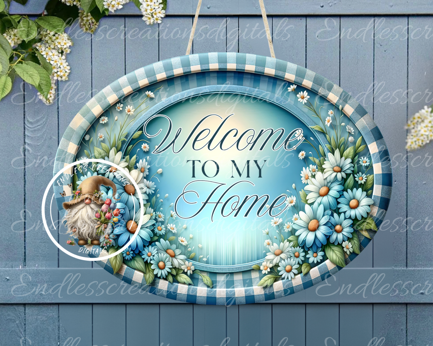 WELCOME FLORAL BLUE DAISY OVAL DIGITAL