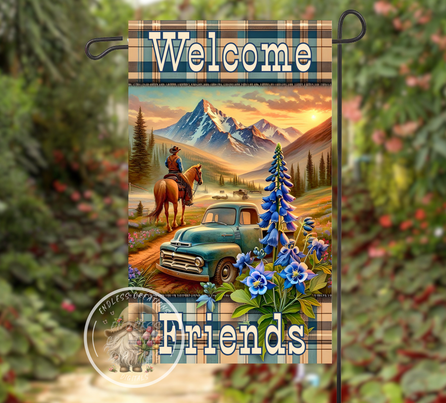 OLD BLUE TRUCK MOUNTAINS GARDEN FLAG