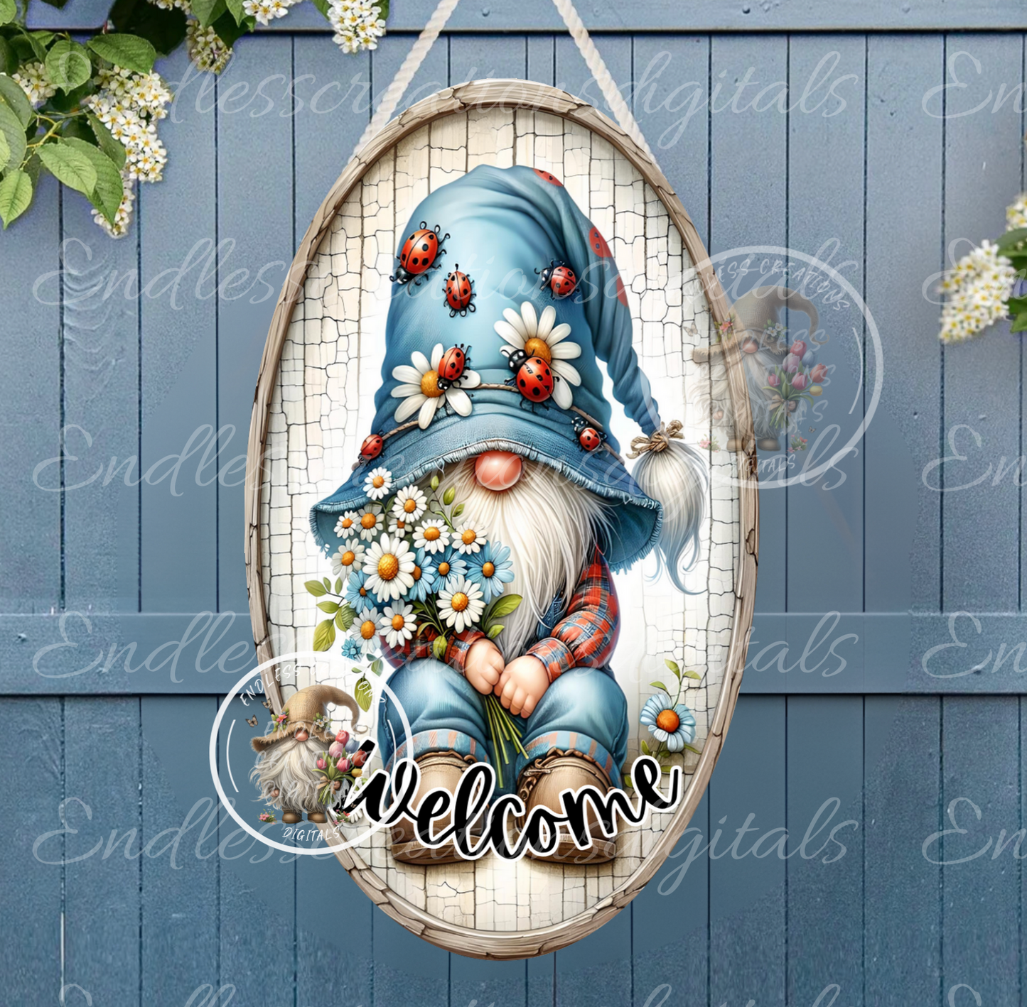 WELCOME DENIM DAISY GNOME OVAL DIGITAL