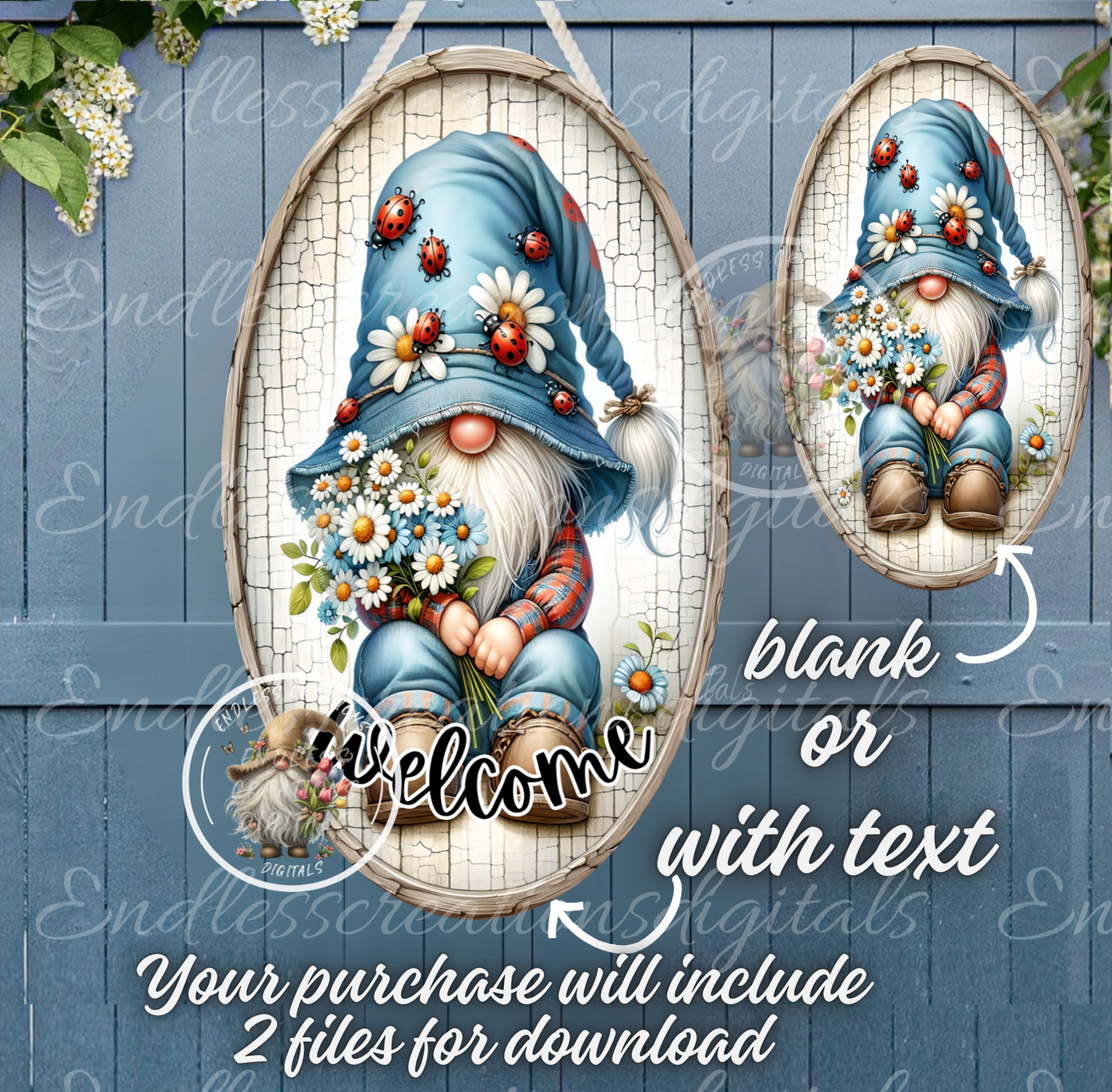 WELCOME DENIM DAISY GNOME OVAL DIGITAL