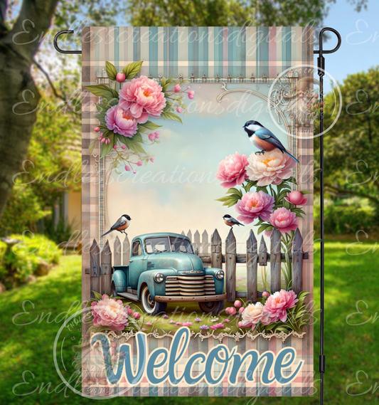 OLD BLUE TRUCK FLORAL GARDEN GLAG