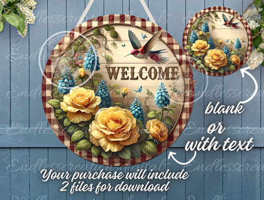 SUMMER WELCOME HUMMINGBIRD WITH YELLOW ROSES AND BLUEBONNETS