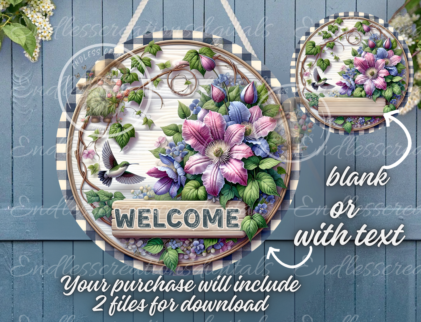 ROUND SUMMER WELCOME HUMMINGBIRD WITH CLEMATIS FLOWERS