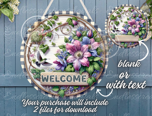 ROUND SUMMER WELCOME HUMMINGBIRD WITH CLEMATIS FLOWERS