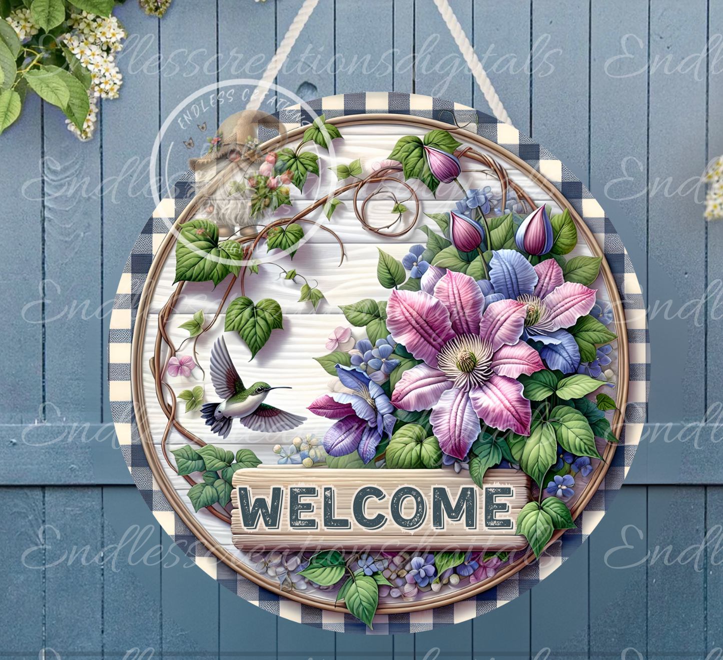 ROUND SUMMER WELCOME HUMMINGBIRD WITH CLEMATIS FLOWERS