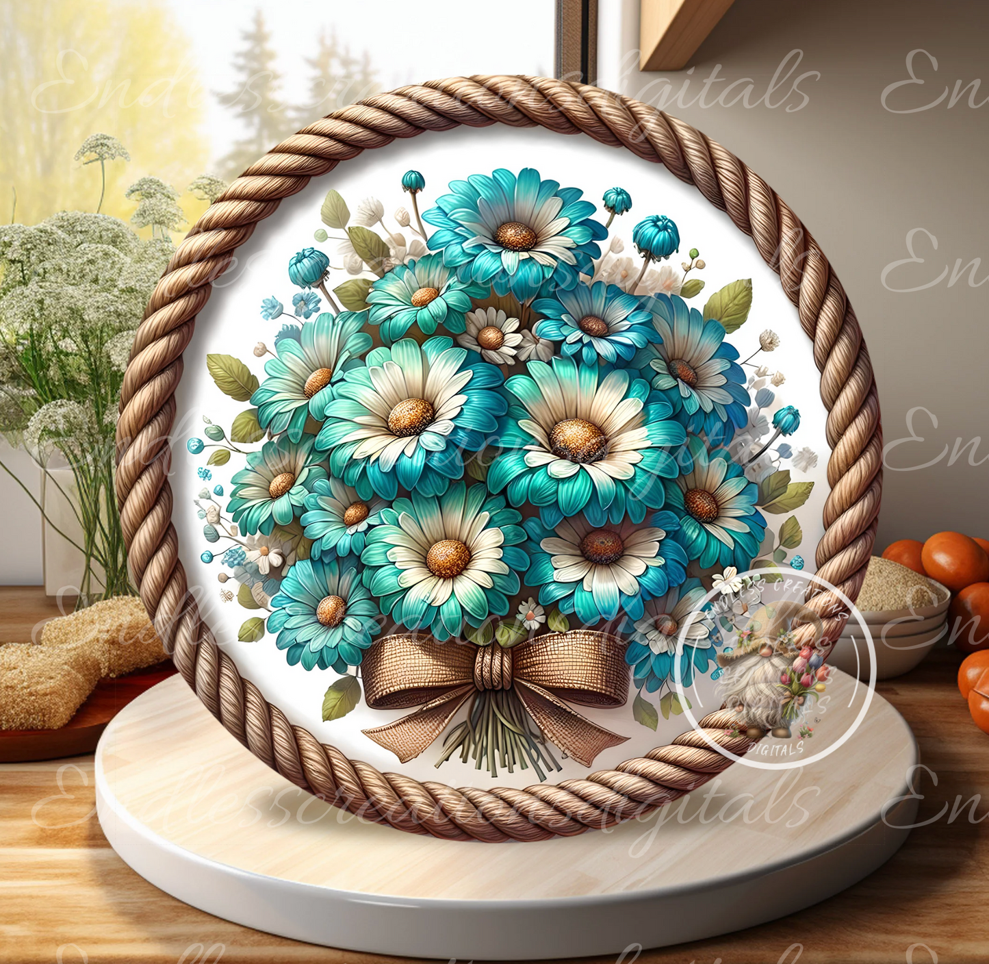SUMMER TEAL DAISIES ROUND