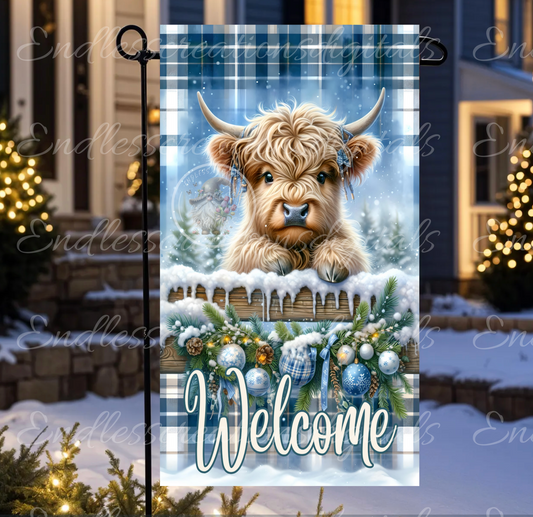WINTER HIGHLAND COW GARDEN FLAG