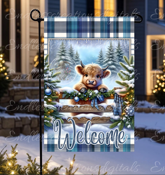 WINTER WELCOME HIGHLAND COW GARDEN FLAG