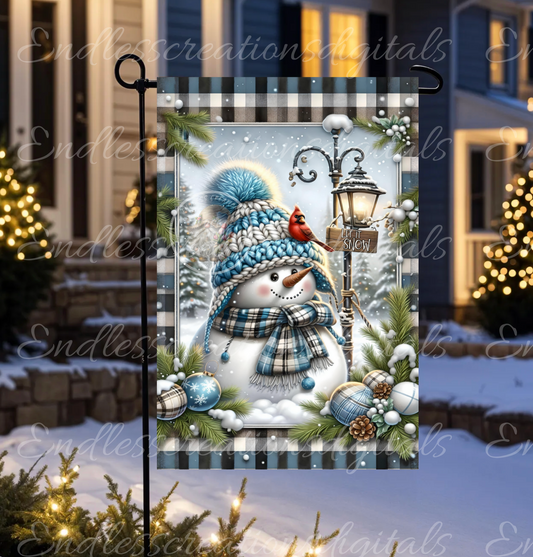 LET IT SNOW SKY BLUE PLAID SNOWMAN GARDEN FLAG