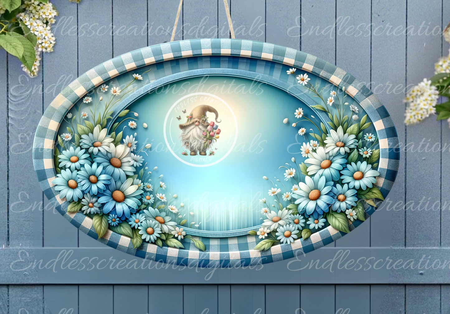 WELCOME FLORAL BLUE DAISY OVAL DIGITAL