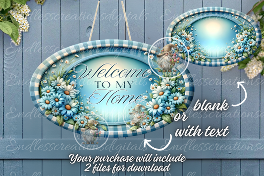 WELCOME FLORAL BLUE DAISY OVAL DIGITAL