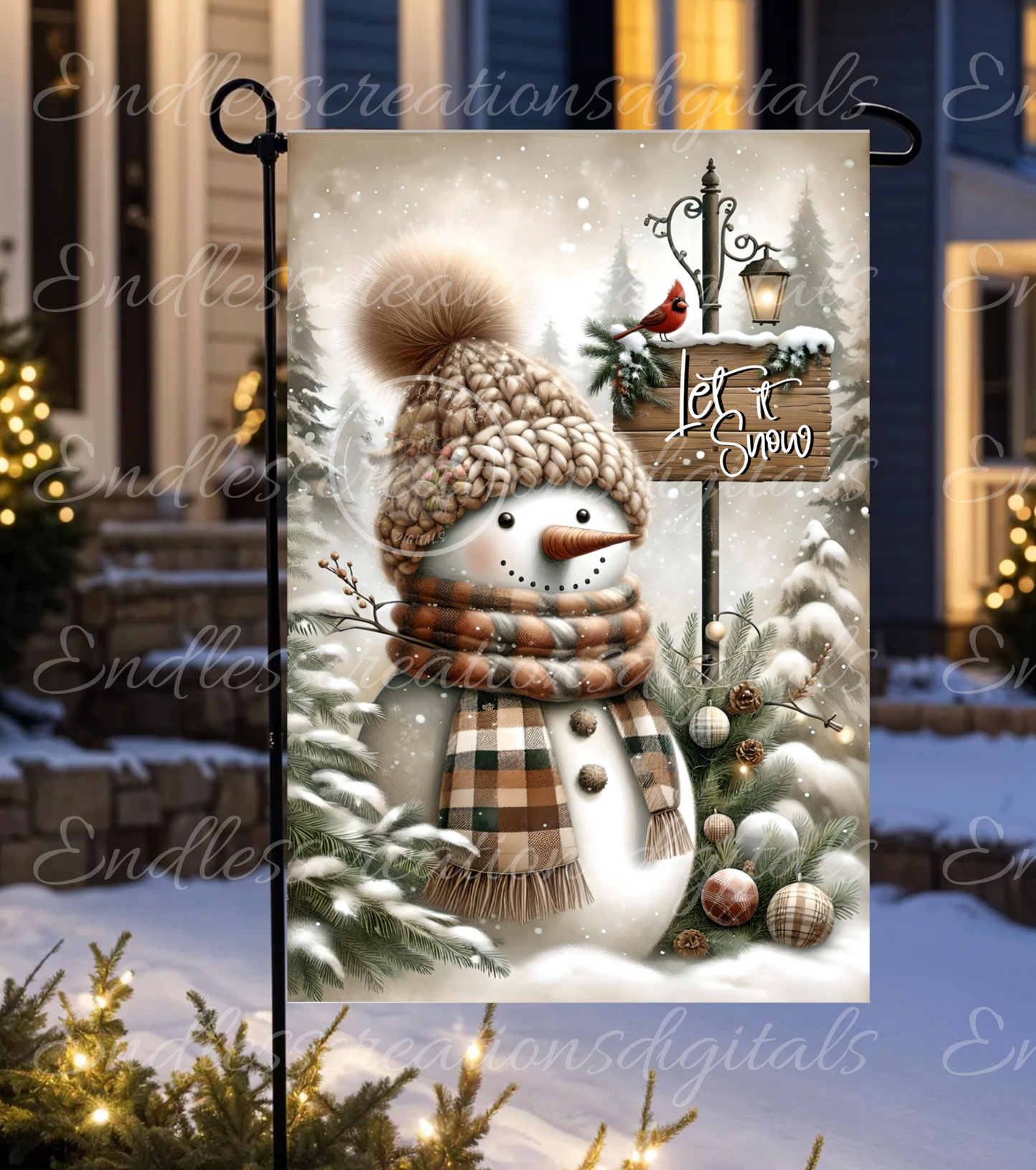 LET IT SNOW RUSTIC SNOWMAN GARDEN FLAG
